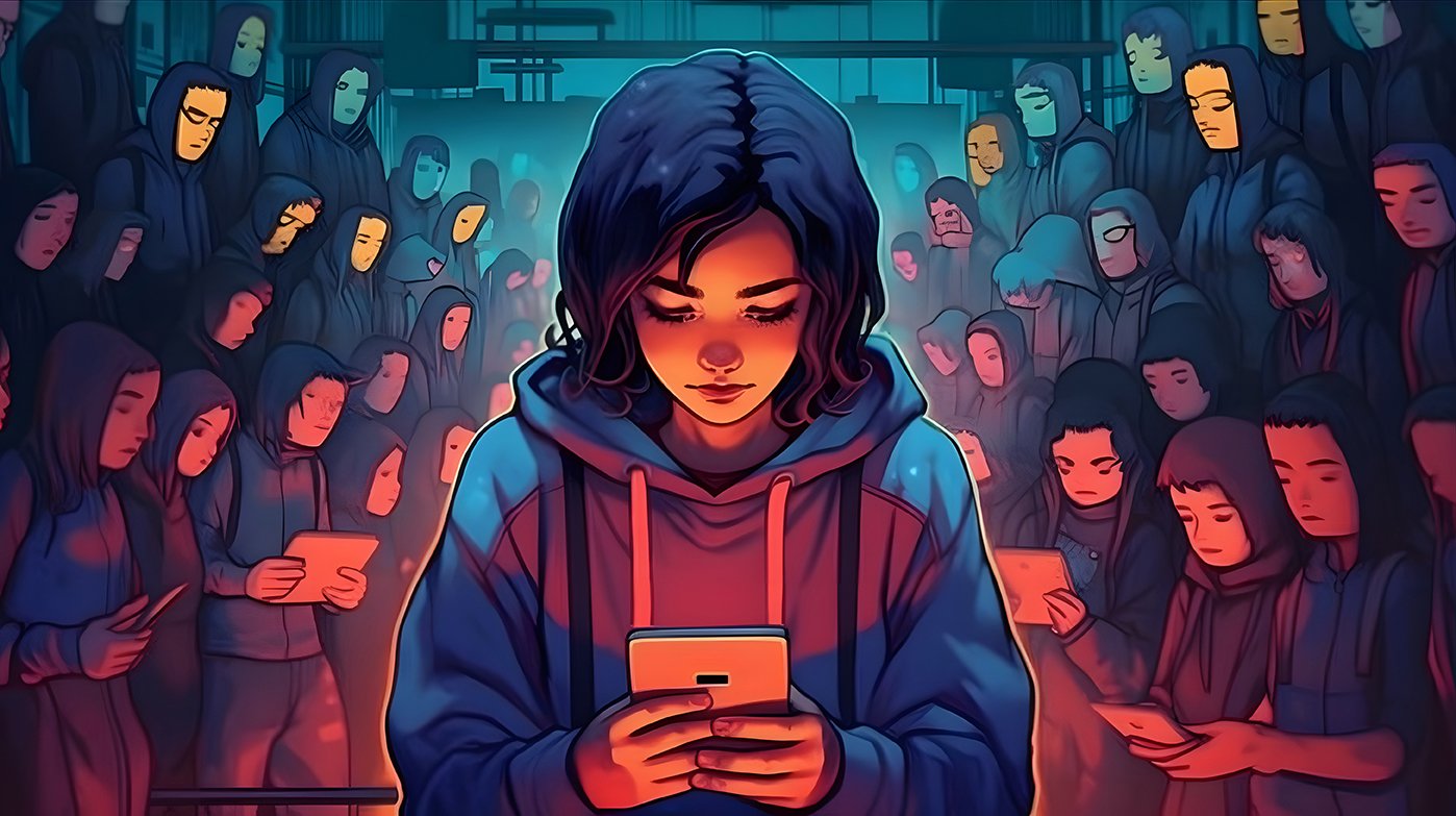 Cyberbullying, A teenager being harassed online, A dark and menacing digital environment, A sense of fear and vulnerability